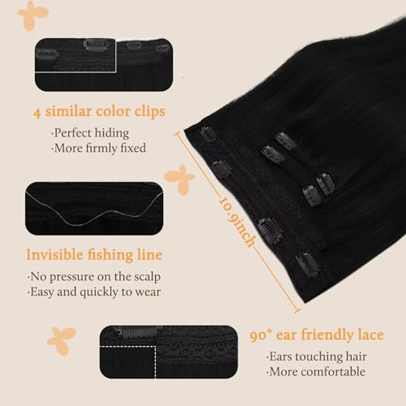 DOORES Hair Extensions Real Human Hair, Jet Black 120g 22 Inch, Wire Hair Extensions Adjustable Size Straight Long Hair Extensions Remy Hair Invisible Hairpieces for Women
