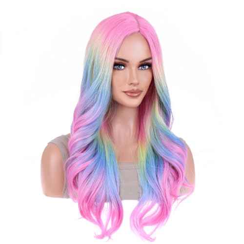 ANESHE Rainbow Ombre Wigs Colorful Ombre Wavy Wig for Women Long Curly Heat Resistant Synthetic Hair Wigs for Cosplay Party