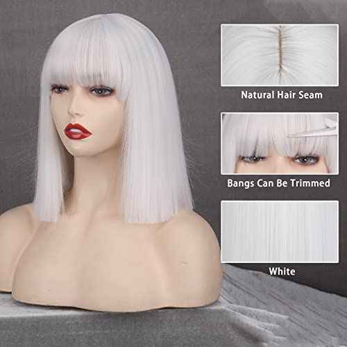 MERISIHAIR Short Bob White Wig with Bangs Silver White Short Wigs for Women Straight Bob White Cospaly Hair Wig for Daily Party Halloween
