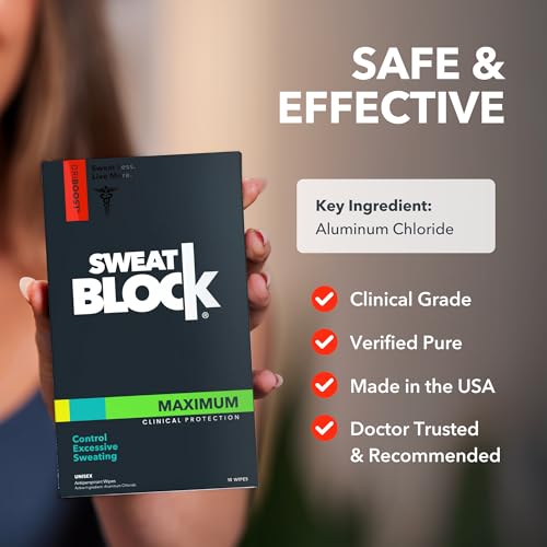 SweatBlock Clinical Strength Antiperspirant Wipes for Men Women Excessive Sweat Protection Hyperhidrosis Treatment Stops Underarm Perspiration Up to 7 Days Includes 10 Individually Wrapped Sweat Wipes