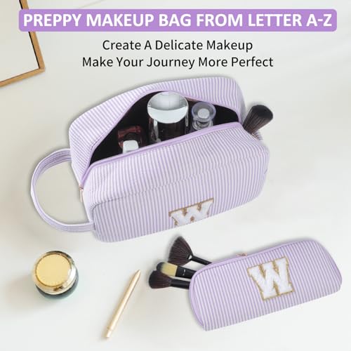 2pcs Personalized Initial Makeup Bag A-Z, Travel Toiletry Bag Preppy Make Up Bags Girls Cute Cosmetic Pouch Makeup Organizer Wedding Birthday Mothers Day Gifts for Women (Purple, V)