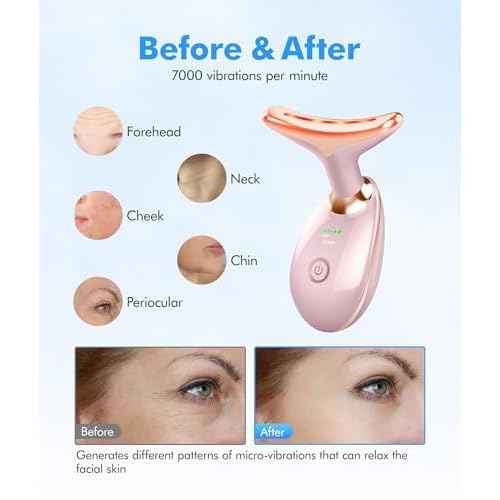 Red-Light-Therapy-for-Face-and-Neck, 7 Color Face Massager Tool for Wrinkles, Double Chin, Vibrating Facial Massager with Thermals for Skin Care, Glossy Pink
