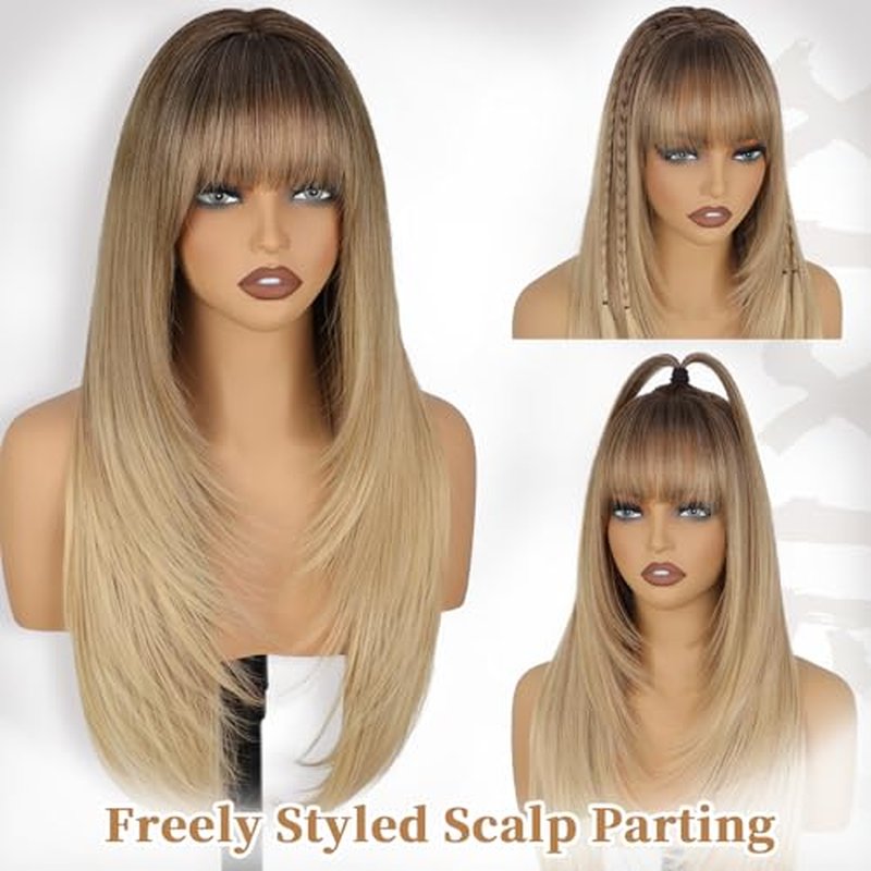 Blonde Wig with Bangs, 4x4 Realistic Scalp, Free Parting, Long Ombre Blonde Layered Wigs for Women, Realistic Natural Looking Heat Resistant Synthetic Wigs for Daily Party Cosplay Use 26Inch