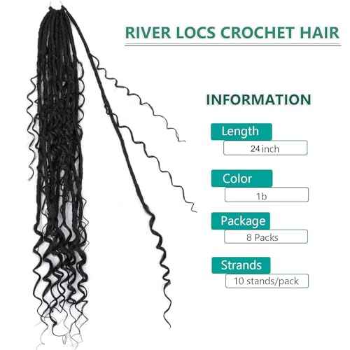 Goddess Locs Crochet Hair Pre-looped 24 Inch New Boho Faux Locs Crochet Hair with Curly Ends 8 Packs Bohemian River Locs Crochet Hair for Black Women 1B (1b, 24 Inch (Pack of 8))