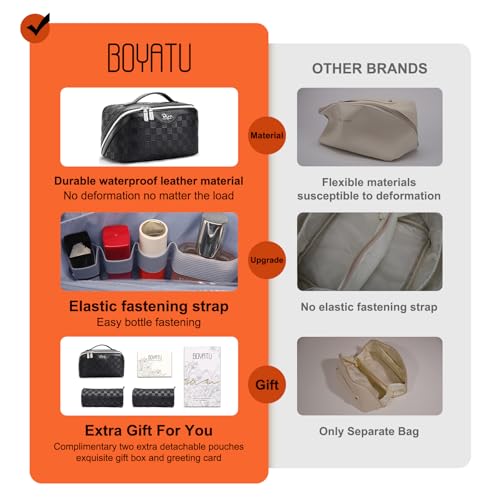 BOYATU Travel Makeup Bag Organizer Cosmetic Bag: 3 Pcs Set Make up Bags for Women with Handle - Waterproof Vegan Leather Toiletry Bags Travel Essentials Pouch with Compartments (01-Black)