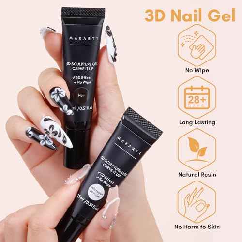 Makartt 3D Gel Nail Art: White and Black Sculpting Candy Molding Gel No Wipe Craving Embossed Gel Polish Set for Decoration Manicure Charm Designs (Whiteout Wonder & Noir)