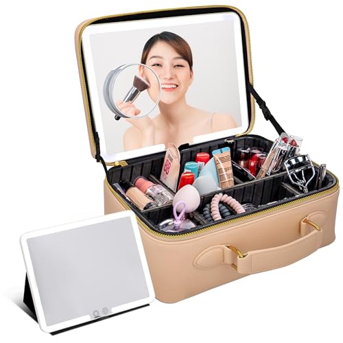 BAREZ Premium PU Leather Makeup Bag With LED Mirror - 3 Brightness Mirror Light Settings - Adjustable Dividers - Removable Mirror Waterproof Cosmetic Travel Bag (Nude)