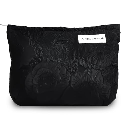 Makeup Bag Cosmetic bag Preppy Embroidery Canvas Toiletry Bag for women Cute zipper pouch Organizer Travel accessories (Pure Black Embossing, Large)