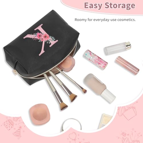 Personalized Initial Makeup Bag, Birthday Gifts for Women and Girls, Small Makeup Pouch Travel Toiletry Bag, Make Up Organizer Bag Gift Trendy Stuff for Friend Mom Teacher, Black