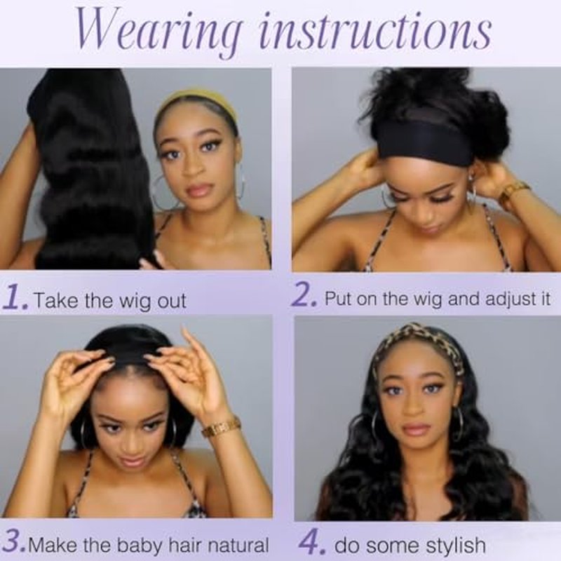 Headband Wig Human Hair Body Wave Wigs None Lace Front Wigs 100% Human Hair Brazilian Virgin 150% Density Natural Color (12inch)