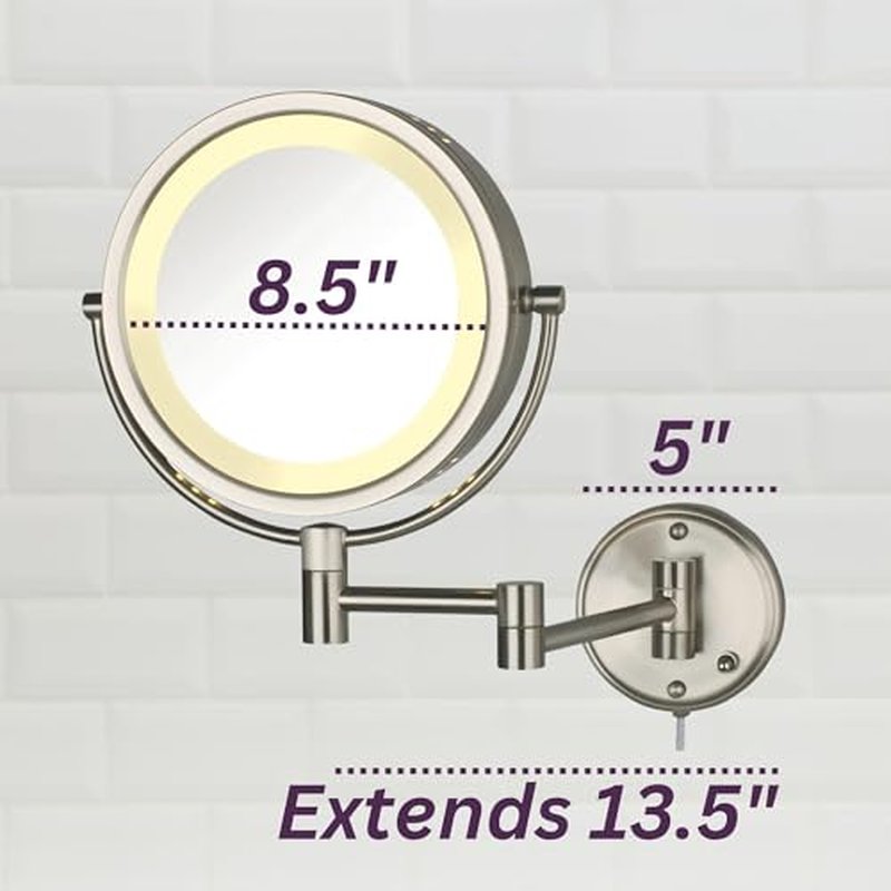 JERDON Wall-Mounted Makeup Mirror with LED Lighting - Lighted Makeup Mirror with 8X Magnification & Nickel Finish Wall Mount - Model HL75N