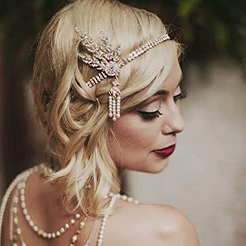 GORTIN 1920's Flapper Headband Leaf Rhiestones Headpiece Pearl Tassel Headdress Bride Wedding Head Bands Bridal Flapper Hair Accessories Head Chain for Women and Girls (Gold)
