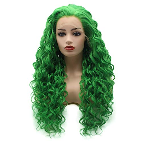 Hair Curly Long 26inch Green Half Hand Tied Heat Resistant Synthetic Lace Front Wigs