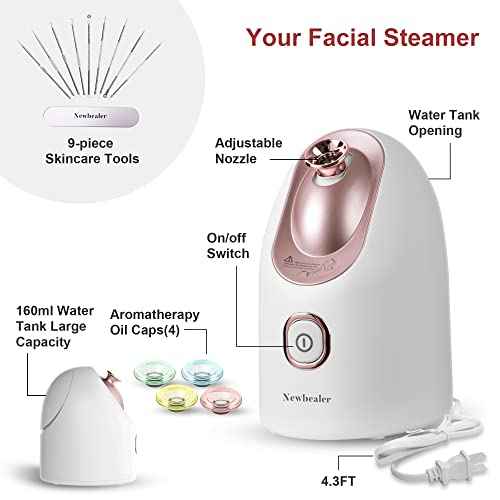 Newbealer Facial Steamer, Mini Aroma Face Steamer, Nano Ionic Hot Mist Face Humidifier for Facial Deep Cleaning, Home Sauna Spa Sprayer with 9 Pieces Acne Remover Kit (White-Gold, 160 ML)