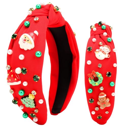 Christmas Knotted Headbands for Women, Hand-embellished Sparkle Crystal Pearl Xmas Santa Tree Snowman Hat Charms Holiday Headbands Hair Accessory, Christmas Holiday Outfits & Gifts
