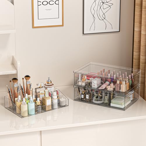 Clear Stackable Makeup Organizer with Drawer, 12''W Acrylic Storage Drawers, Cosmetic Display Case for Vanity Bathroom Countertop, Beauty Holder for Lipstick Brush Skincare Perfume (4 Pack)