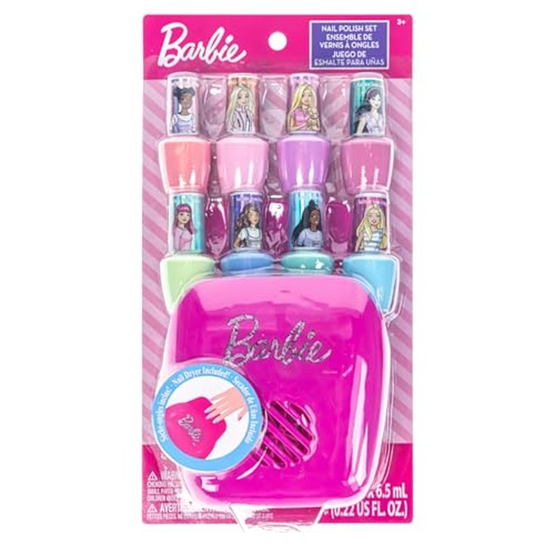 Townley Girl Barbie 8 Piece Nail Polish Set with Nail Dryer for Kids, Peel-Off Water-Based, Safe for Kids, Batteries Not Included, Ages 3 and Up