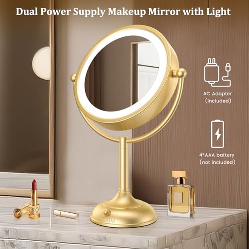 VESAUR 8.5'' Large Gold Lighted Makeup Mirror, 1X/10X Clear Seamless Magnifying Mirror, Bright Vanity Mirror with 3 Colors Dimmable Lights, Two-Sided 360¡ÆRotation Stable Base, Luxury Nickel, Gift Box