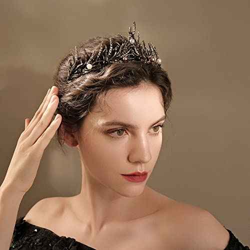 Women Black Hair Crown Vintage Wedding Tiaras Gothic Elf Headpiece Fancy Dress Headband for Bridal Carnival Prom Halloween Birthday Christmas Party Costume Accessories