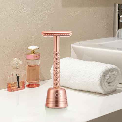 Double Edge Safety Razor for Women Rose Gold with Stand and Silicone Cover - Durable Metal Eco-Friendly Single Blade Safety Razor with 10 Blades- Closed Smooth Shave