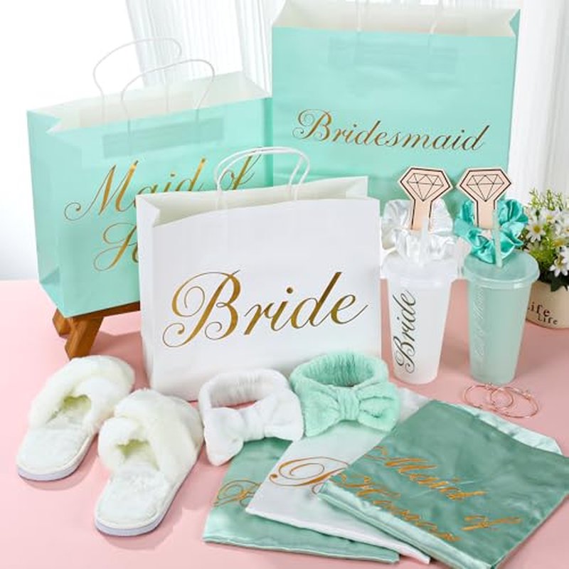 56 Pcs Bridesmaid Bride Robes Set of 8 Bridal Party Silk Satin Robes for Wedding Bachelorette Party Gifts(White,Sage Green)