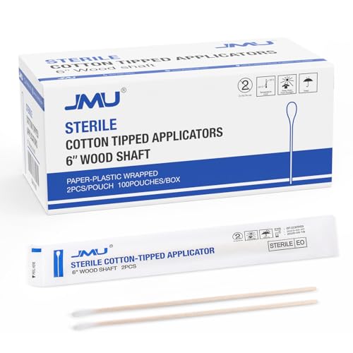 JMU 6 Inch Sterile Cotton Tipped Applicators, 200 Count Long Cotton Swabs, Wood Shaft Medical Swabs