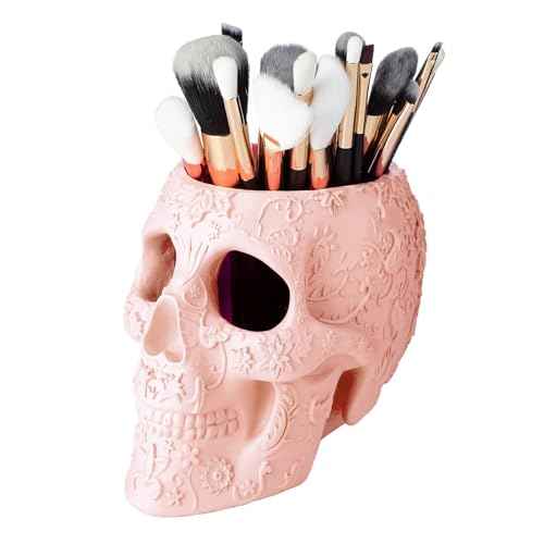 Skull Makeup Brush Holder, Pen Holder, Vanity, Desk, Office Organizer, Stationary, Decor Planter, Candy Bowl, Goth Decorations, Extra Large, Skulls Gothic Skull & Bones Organizer Bathroom (Cloud Pink)