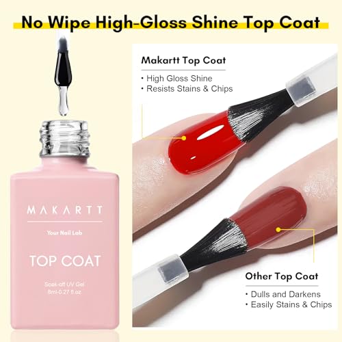 Makartt Gel Top Coat and Base Coat Kit: Clear Gloss Shiny No Wipe Stain Resistant General Top Coat Nail Polish UV and Primer for Acrylic Nails Dip Powder Gel Nail Polish Beauty Gift