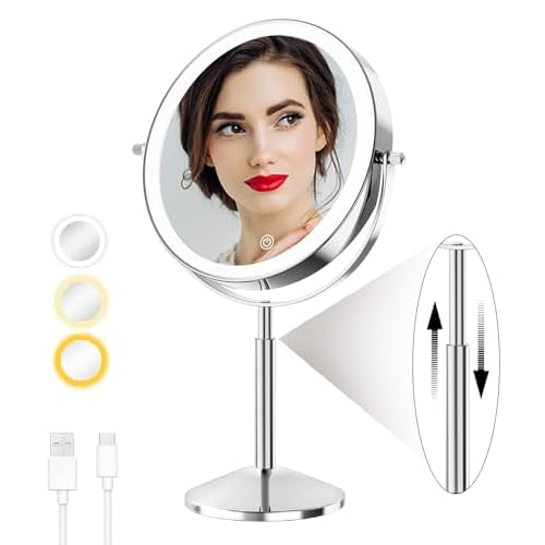 Large 9¡± Lighted Makeup Mirror ? Height Adjustable & Rechargeable, Double-Sided 1x/10x Magnifying Vanity Mirror with 88 High-CRI LEDs, 3 Color Modes, Dimmable Brightness, 360¡Æ Swivel, Dual-Power
