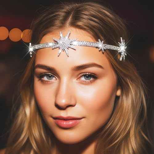 JEAIRTS Rhinestone Headband Silver Star Hair Band Sparkly Bridal Forehead Crystal Headpiece Prom Rave Hair Accessories for Women