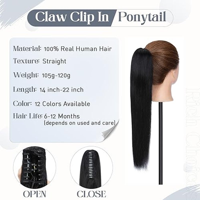 Rich Choices Claw Clip Ponytail Extension Human Hair Real Hair Ponytail Extension Balayage Jet Black 18 Inch 115g One Piece Clip In Long Ponytail Hair Extensions Straight For Women #1