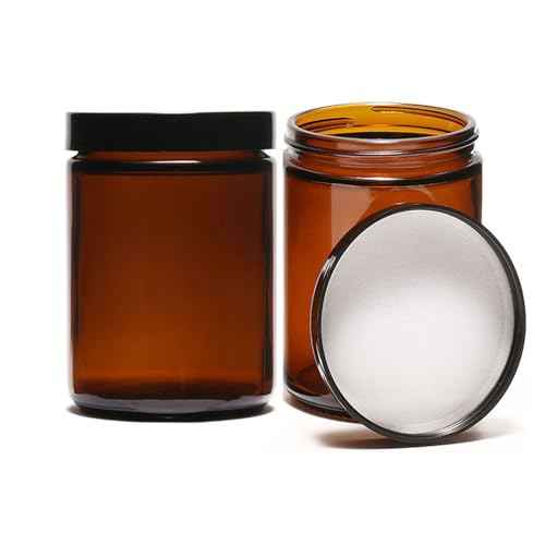 9 Pack Amber Glass Jars, 8 Oz Thick Amber Round Glass Jars, with Black Lids& Inner Liners, for Spice, Liquid, Sample, Leakproof and Cosmetic,Slime,candle