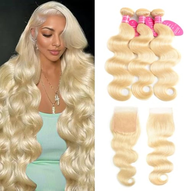 Blonde Human Hair Bundles Body Wave 613 Bundles with Closure (14 16 18+12 Inch) 100% Unprocessed 12A Grade Brazilian Virgin Remy Sew In Hair Extensions Silky and Soft No Tangle Multipurpose