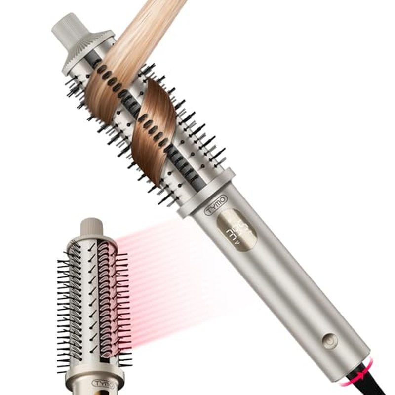 TYMO STYLUX PRO Thermal Brush Curling Brush, 1.5 Inch Blowout Heated Round Volumizer, Hair Straightener and Curler 2 in 1, 800M Negative Ion for Smoother, LCD Display, 5 Temp, Dual Voltage, Gold