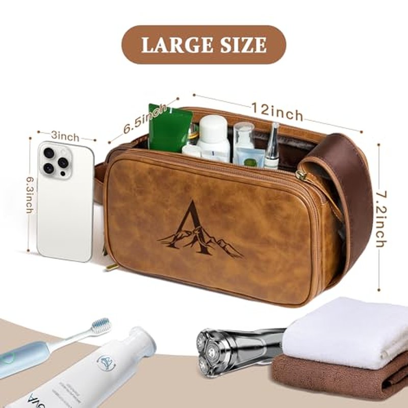 Janhavi Shaving Bag for Men Travel Waterproof, Engraved Initials & Mountain, Makeup Organizer, Groomsmen Gifts, Mens Toiletry Travel Bag, Men's Accessories Organizer, Gifts for Him(Brown L)