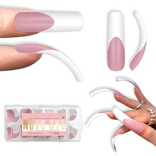 NOVO OVO XXL Curved Square White French Tip False Nail Tips Press on, BERRY PINK Full Cover Extra Thick Long XL Acrylic Hawk Curve Fake Extension Kit, Need Top Coat for Salon DIY 12 Sizes 144 pcs