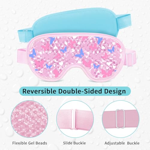 2PCS Cooling Eye Mask Gel Eye Mask, Reusable Hot Cold Therapy cold eye mask for Post Surgery, Puffiness, Dark Circles, Eye Bags, Dry Eyes, Migraines with Soft Plush Backing (Butterfly+Leaves)