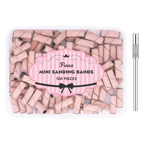 Finea 100 Pc Set Nail Drill Bits 180 Grit Fine Small Sanding Bands with 3.1mm Mini 3/32" Mandrel for Electric File Professional Efile Accessories Manicure Supplies Nail Tech Essentials Light Pink