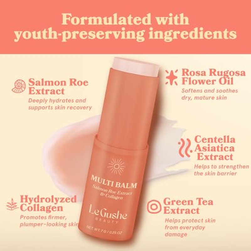 LE GUSHE All-in-One Face Balm Stick - Under Eye Brightener, Anti-Aging Under Eye Balm Stick with Salmon Roe Extract & Collagen - For Fine Lines & Wrinkles - Use on Face, Forehead, Neck