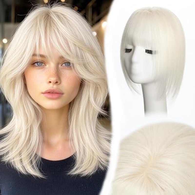 Hair Toppers for Women Real Human Hair, 9 * 12cm Seamless Invisible Swiss Base 12Inch Toppers for Thinning hair to Add Volume, Clip in Human hair Topper with Bangs for 360¡Æ Cover Gray Roots