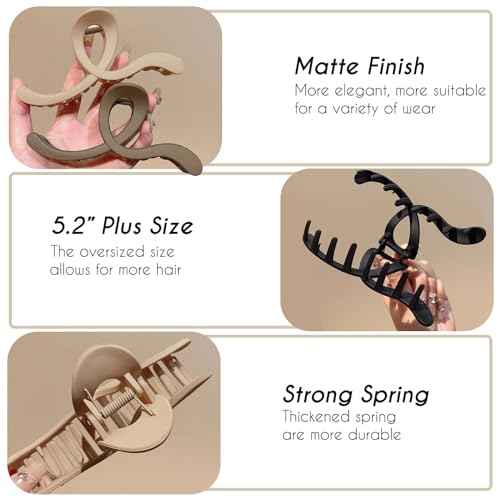 5.2 Inch Extra Large Claw Clips - 6 Pcs for Thick Hair, Women's Matte Bow Ribbon Style Hair Claws