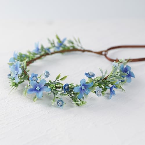 Handmade Blue Flower Crown Flower Wreath for Women Girls Headband Bridal Headpiece Hair Accessories Halo Headdress for Weeding Party Festival Birthday
