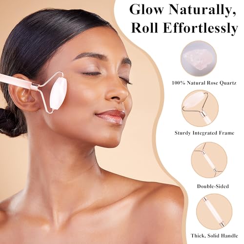 Natural Jade Roller for Face - Aging Wrinkles, Puffiness Facial Skin Massager Treatment Therapy - Premium Jade Stone, by Crystal Lemon (Rose Quartz)