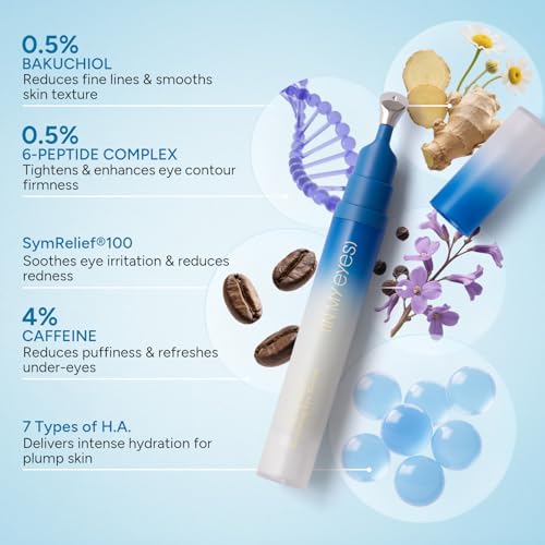 Caffeine Eye Serum, Firming Hydrating Renewing Eye Cream with Bakuchiol Hyaluronic Acid for Reduces Fine Lines, Dark Circles & Puffy Bags, Eyes Care with Zamak Applicator, 0.5 fl. oz