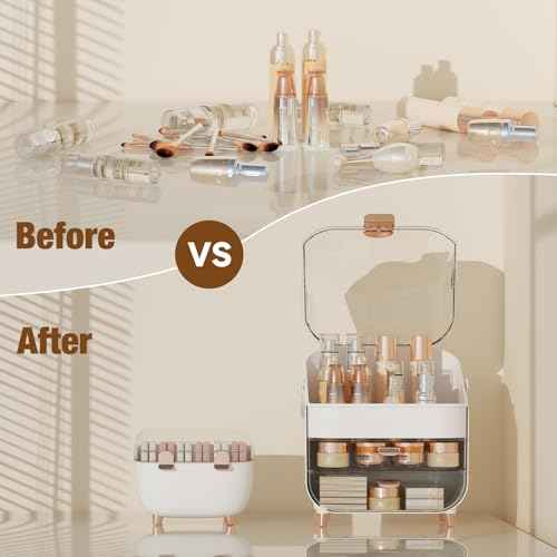 Makeup Organizer for Vanity, Skincare Organizer with Drawers, Storage Box with Handle, Cosmetic Display Cases for Dresser, Bathroom, Countertop, Christmas Gifts for Teen Girls(Rose Gold)