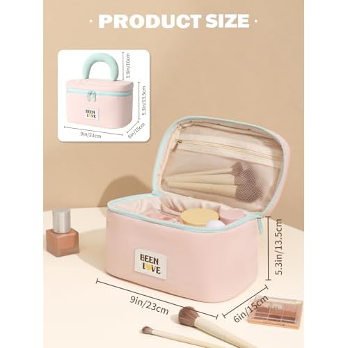 Travel Makeup Bag Cute Cosmetic Bag for Women Large Capacity Makeup Case Organizer Bag Toiletry Bag Portable Waterproof Make Up Bags with Handle and Divider, Pink