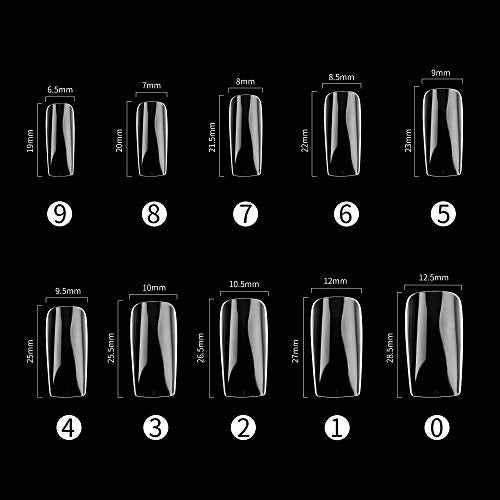Full Cover Acrylic False Nail Tips, 1000PCS Fake Nail Shape Artificial False Nails Tips 10 Sizes with Case for Nail Art Salons (Clear+Natural)