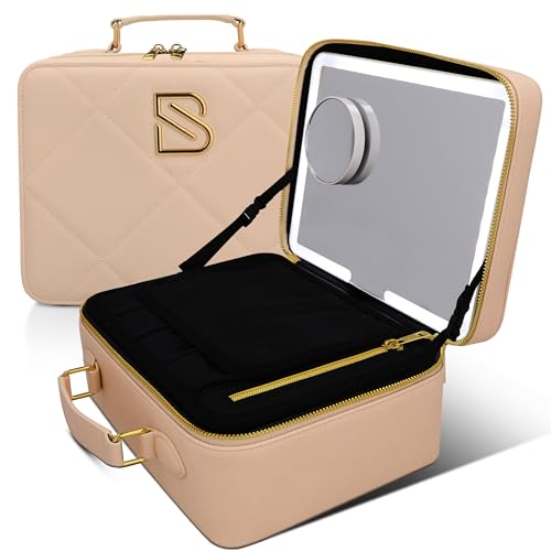 BAREZ Premium PU Leather Makeup Bag With LED Mirror - 3 Brightness Mirror Light Settings - Adjustable Dividers - Removable Mirror Waterproof Cosmetic Travel Bag (Nude)