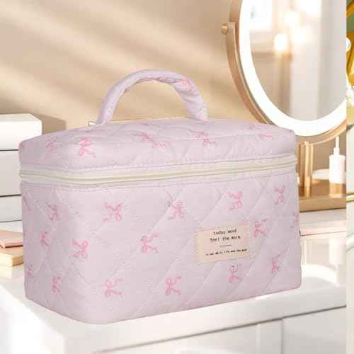 Large Makeup Bag, Cute Cosmetic Bags for Women Girls, Quilted Floral Toiletry Bag, Travel Make Up Organizer Bag