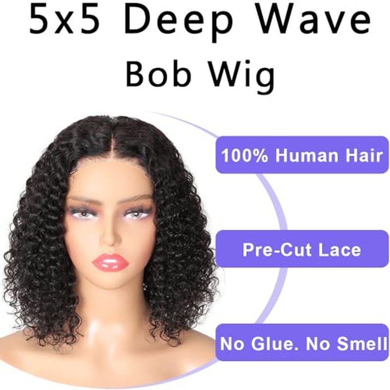 Glueless Wigs Human Hair Pre Plucked Pre Cut Deep Wave Bob Wig for Black Women 5x5 Lace Closure Wear and Go 180% Density Curly Wig with Baby Hair Natural Color 16 Inch